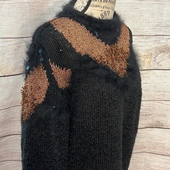 Vintage Sweater Retro 1980’s Faux Fur Metallic Sequins Ferran-Miesse - Picture 3 of 8
